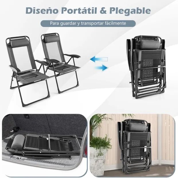 Conjunto de 2 cadeiras de jardim dobráveis para pátio com braços largos, encosto de 7 níveis, assento respirável e estrutura metálica cinzenta