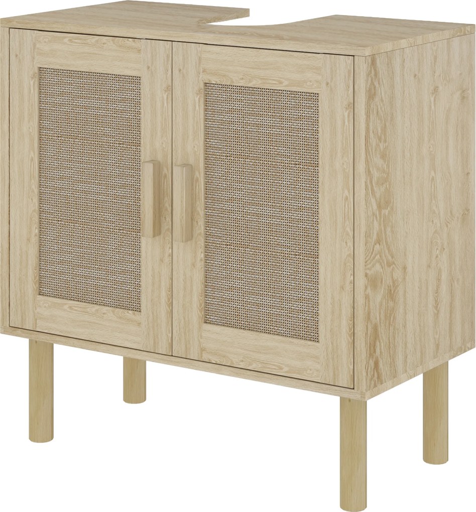 Móvel de casa de banho 60 x 30 x 60 cm para lavatório (NÃO INCLUIDO), com portas em rattan e pés em madeira de pinho, 2 prateleiras, em cor carvalho