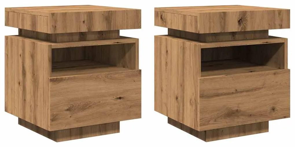 Mesas cabeceira c/luzes LED 2pc 40x39x48,5cm carvalho artisiano