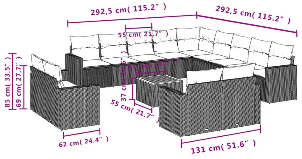 14 pcs conjunto de sofás p/ jardim com almofadões vime PE bege