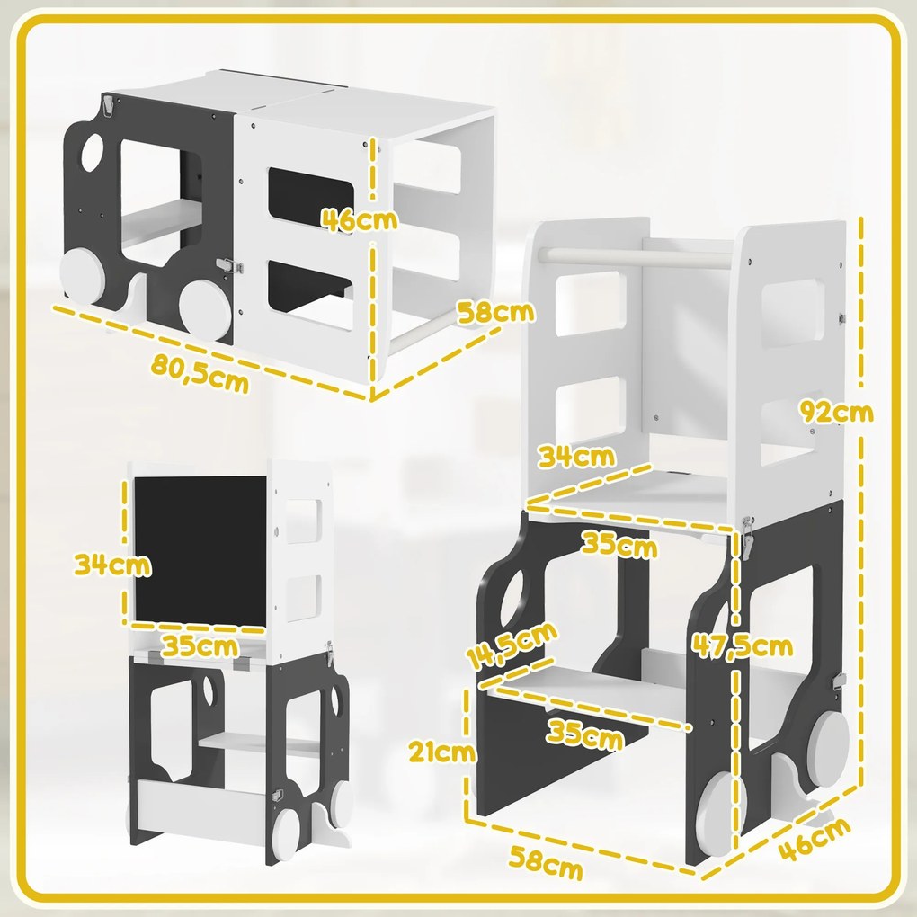 Torre de Aprendizagem 4 em 1 para Crianças em Forma de Carro Convertível em Mesa e Cadeira 58x46x92 cm Branco e Cinza