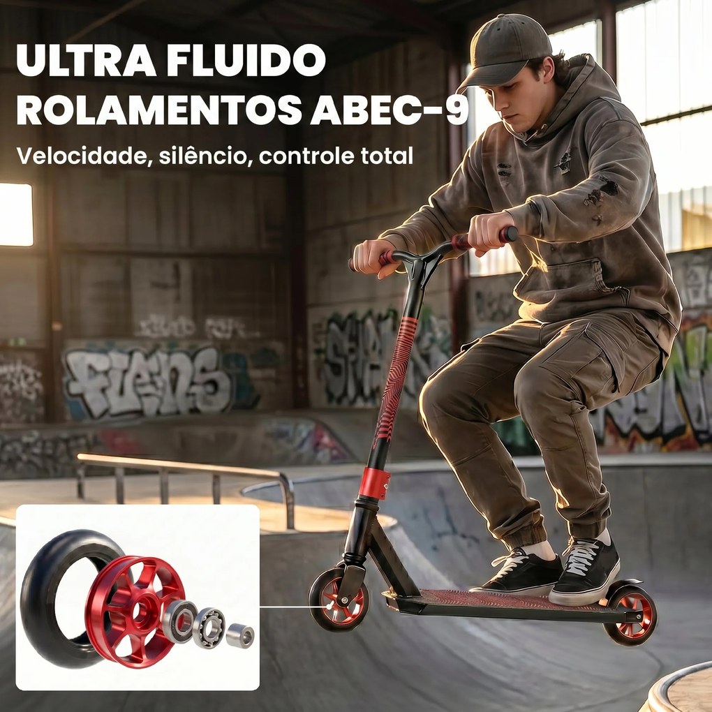 Trotinete Acrobática com Guiador 360° Rolamentos ABEC-9 Rodas de PU de 120 mm Estrutura de Alumínio 66x47x81 cm Vermelho