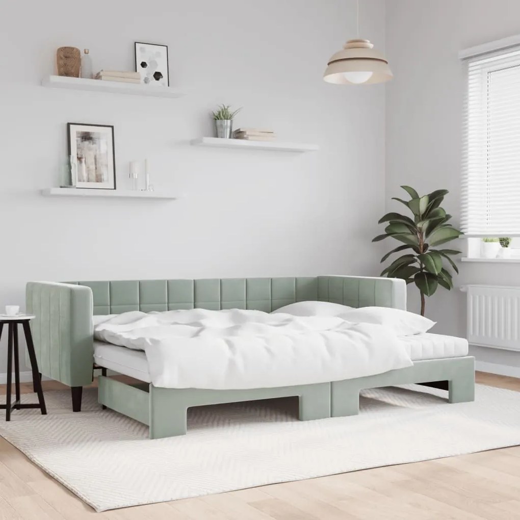 vidaXL Sofá-cama c/ gavetão e colchões 80x200 cm veludo cinzento-claro