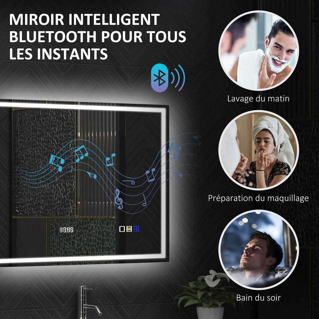Espelho de casa de banho com LED e Bluetooth, 60 x 80 cm, interruptor tátil, iluminação regulável, 3 cores, antiembaciamento, memória, prateado