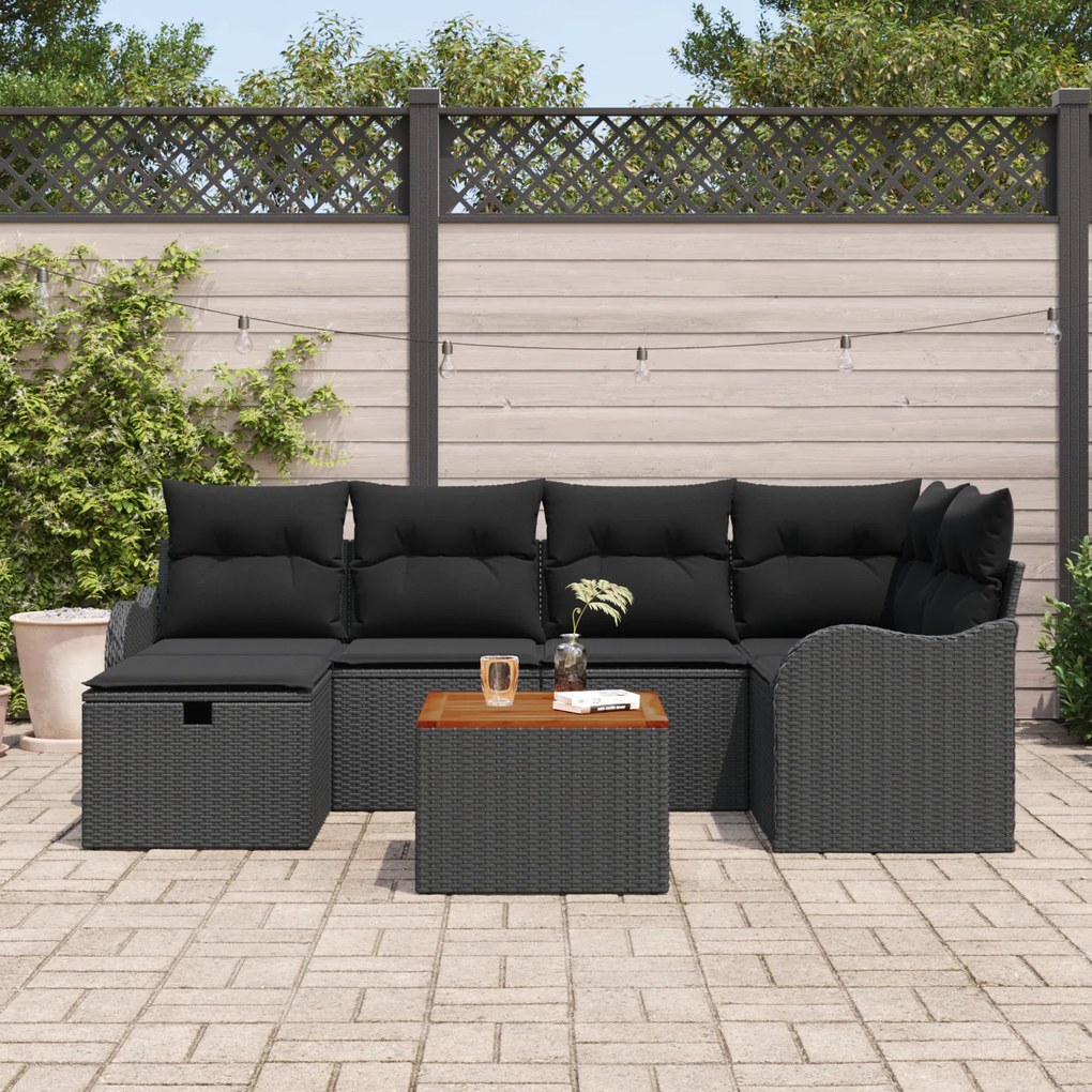 Conjunto de Sofá de Jardim de 7 Peças com Almofadas Preto Rattan Sinté