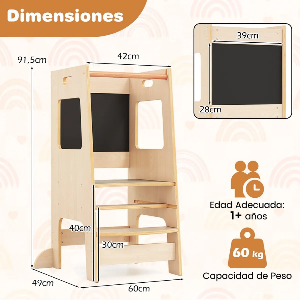 Banco de cozinha para crianças Torre de pé com quadro de actividades, altura ajustável e grade de segurança em madeira Natural