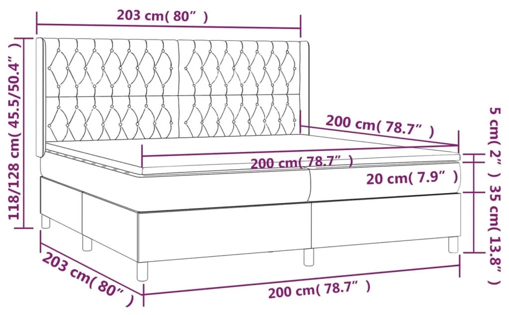 Cama box spring c/ colchão e LED 200x200 cm tecido preto