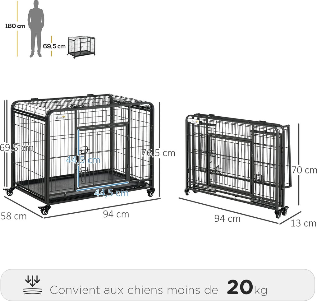 Gaiola dobrável para cães 94x 58 x 69,5 cm, gaiola de transporte com Rodas, 2 portas com fecho, tabuleiro removível metal cinzento-preto