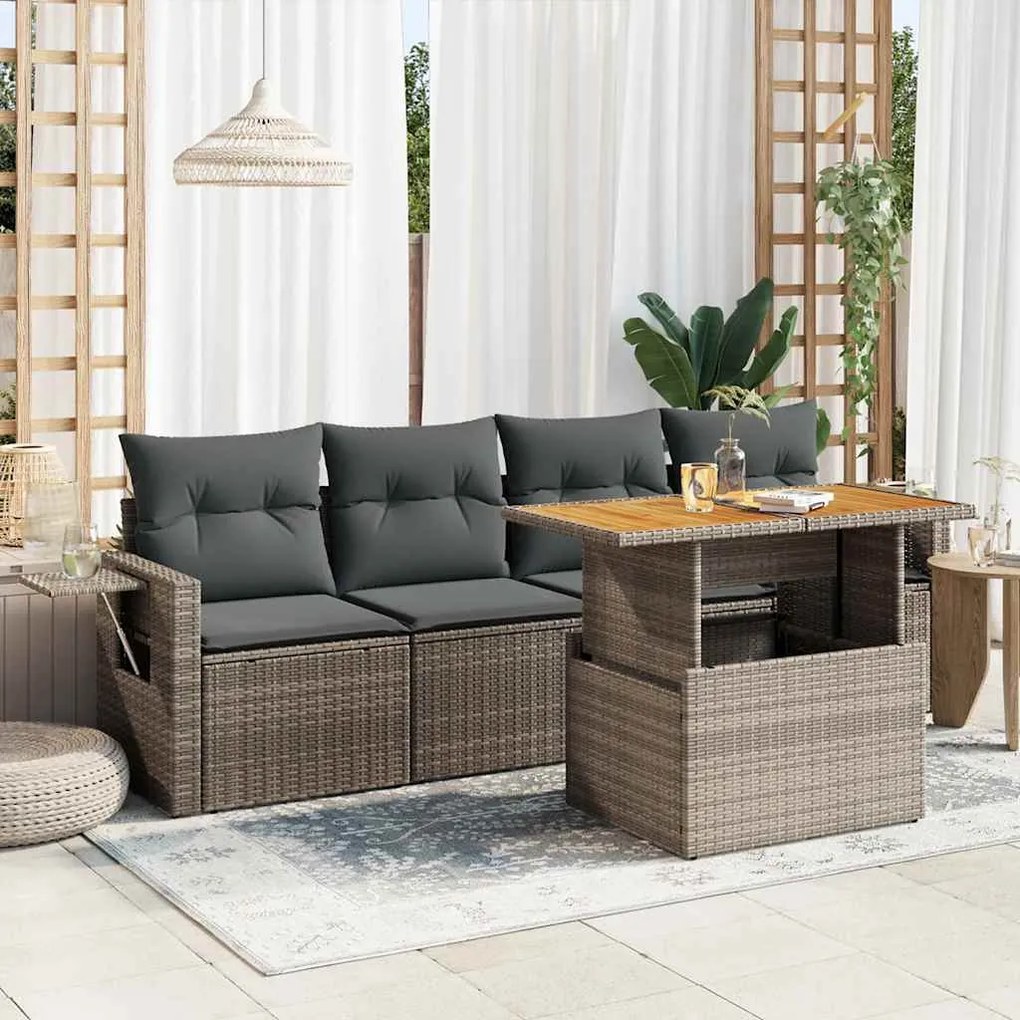 5 pcs conjunto sofás de jardim c/ almofadões vime PE cinzento