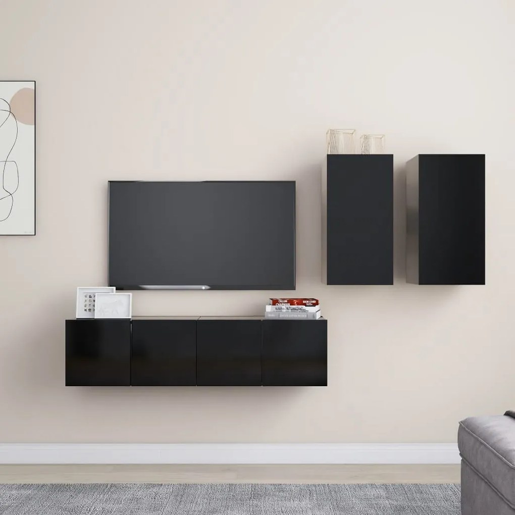 vidaXL 4 pcs conjunto de móveis de TV derivados de madeira preto