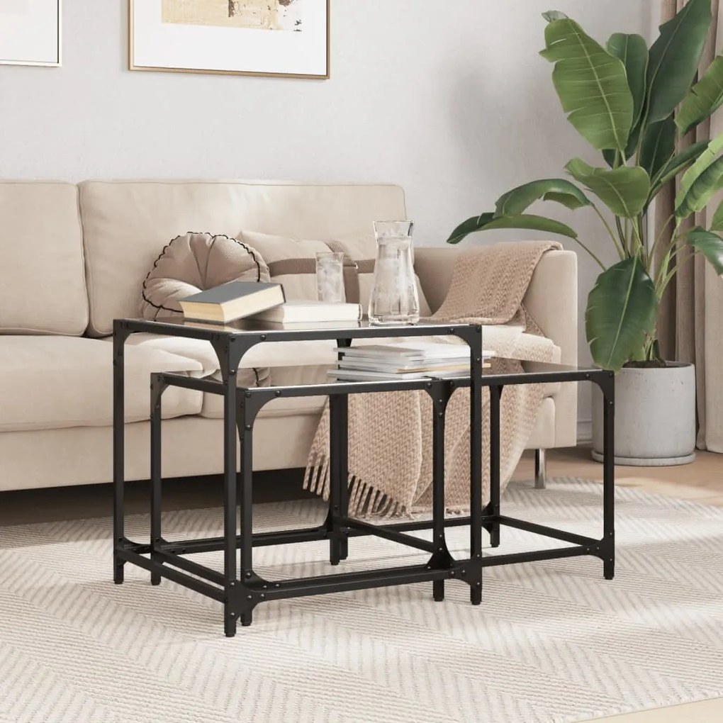 Mesas de Café Nesting 2 peças com tampo de vidro preto em aço