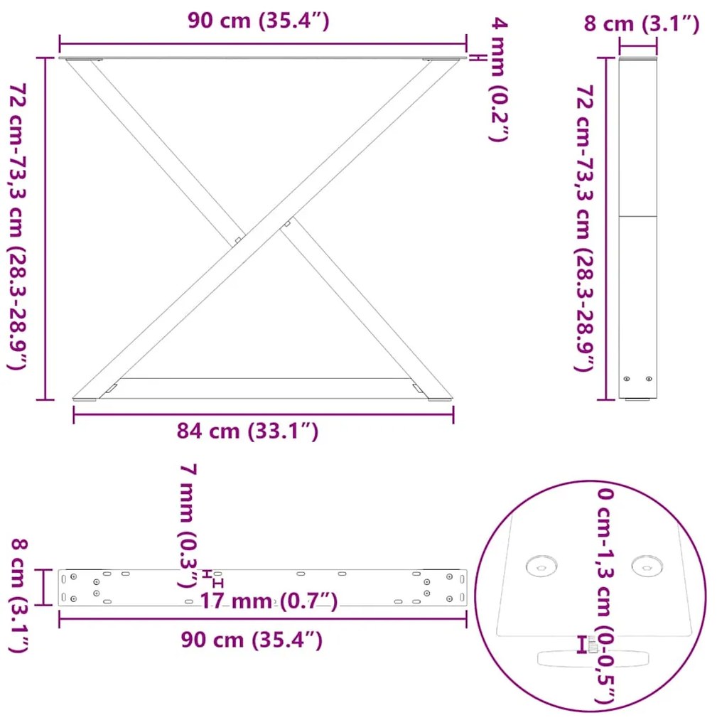 Pés para mesa de jantar 2 peças aço natural 90x(72-73,3) cm aço