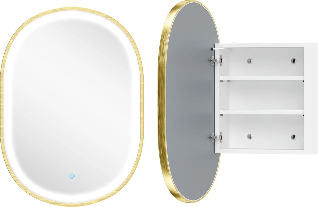Armário de Casa de Banho com Espelho e Luzes LED de 3 Cores Armário de Parede Oval com Memória e Função Antivapor Dourado
