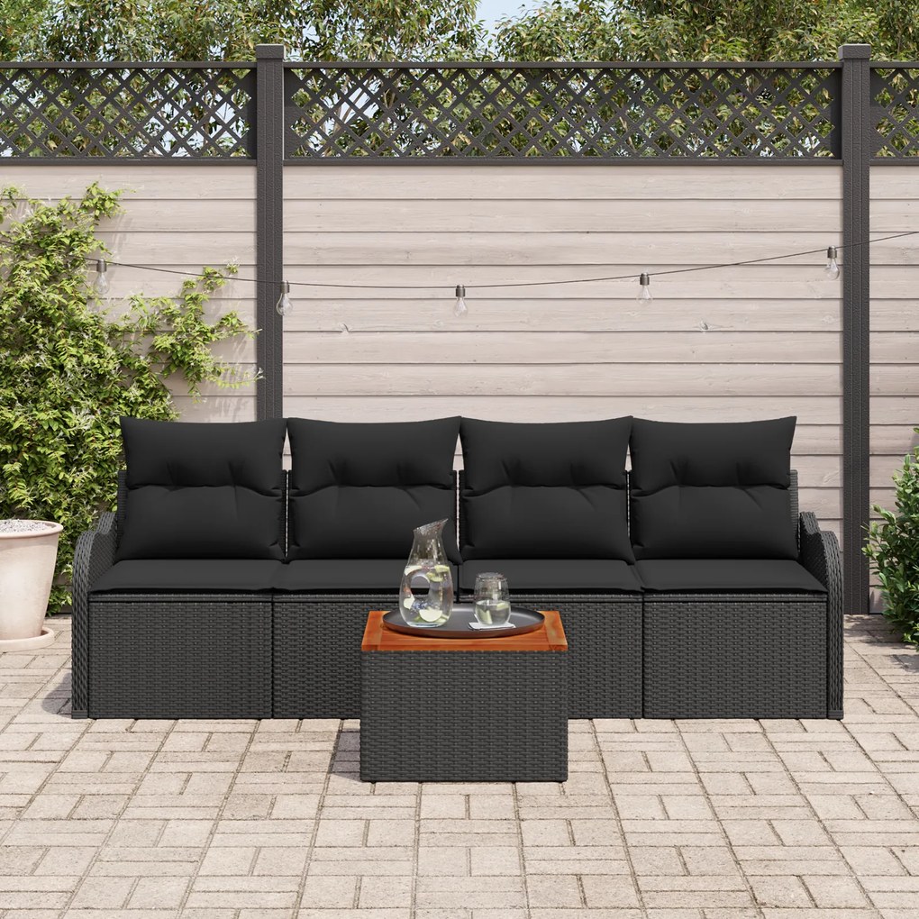 Conjunto de Sofá de Jardim vidaXL de 5 Peças com Almofadas Preto Ratta