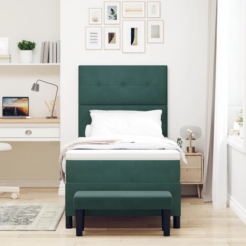 Cama Box Spring com Colchão & Banco Verde Escuro 90x190 cm Veludo