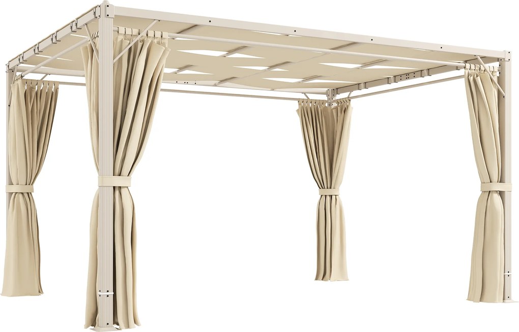 Pérgola de Jardim 385x295x225 cm com Teto Ondulado 4 Cortinas Removíveis Proteção UPF50+ e Estrutura de Aço Bege