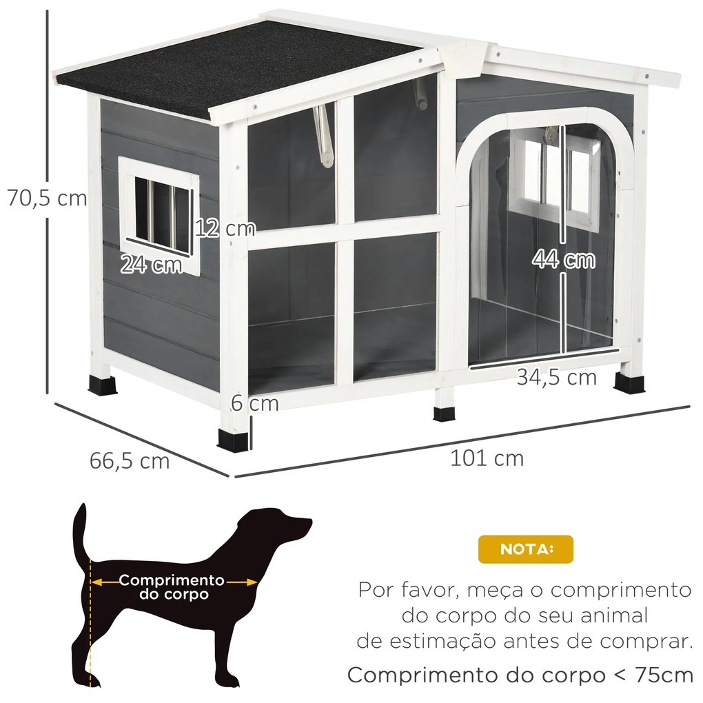 Casa para Cães de Madeira 101x66,5x70,5cm Casa para Animais de Estimação com Teto Abatível Frontal de Acrílico Porta com Cortina e Fundo Amovível Cinz