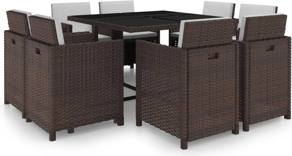 vidaXL 9 pcs conjunto jantar exterior c/ almofadões vime PE castanho