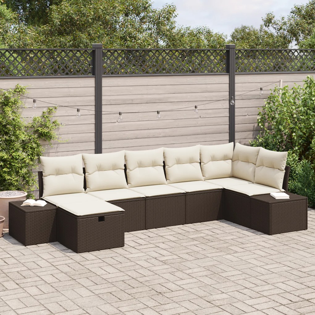 Conjunto de Sofá de Jardim de 7 Peças com Almofadas Castanho em Rattan