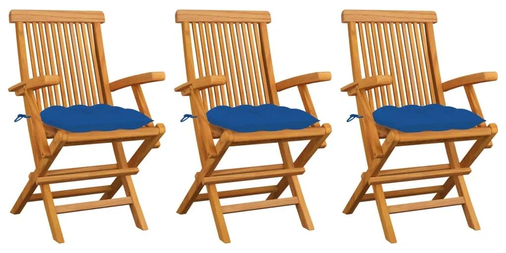 3062539 vidaXL Cadeiras de jardim c/ almofadões azuis 3 pcs teca maciça
