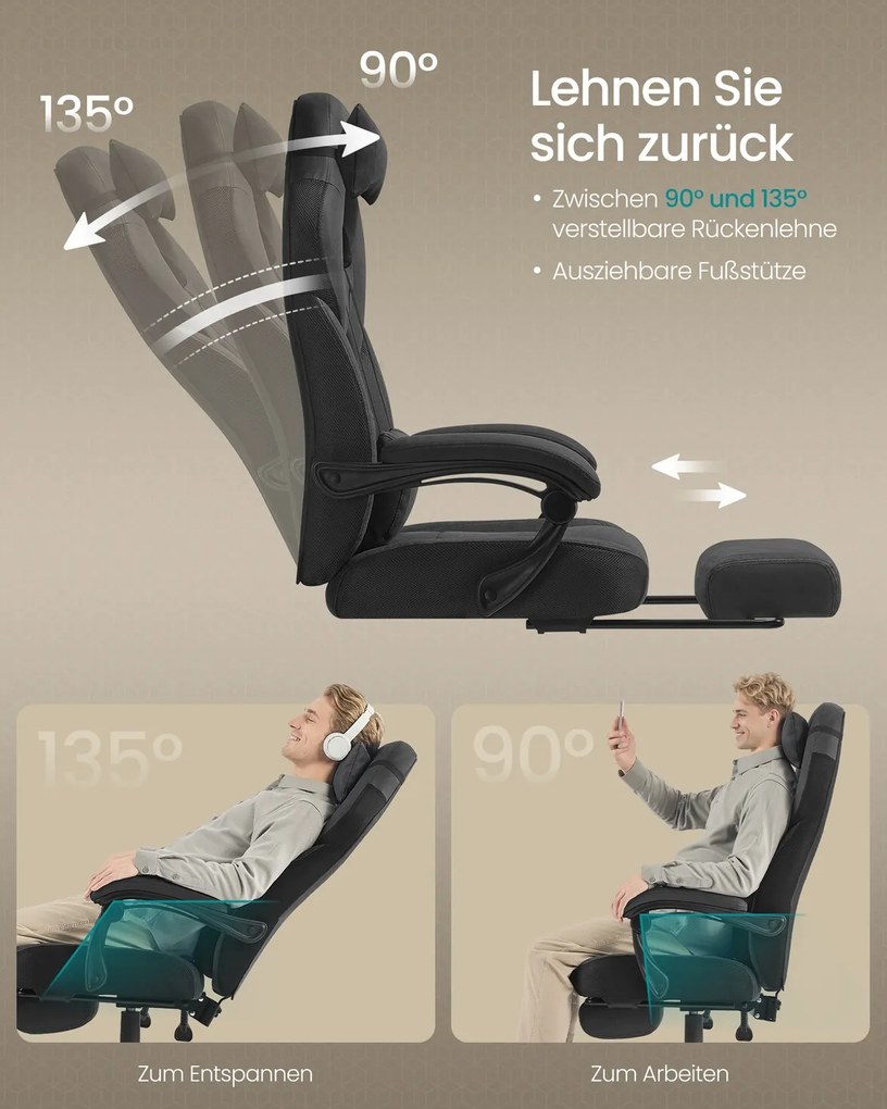 Cadeira de escritório ergonómica com apoio para os pés Preto