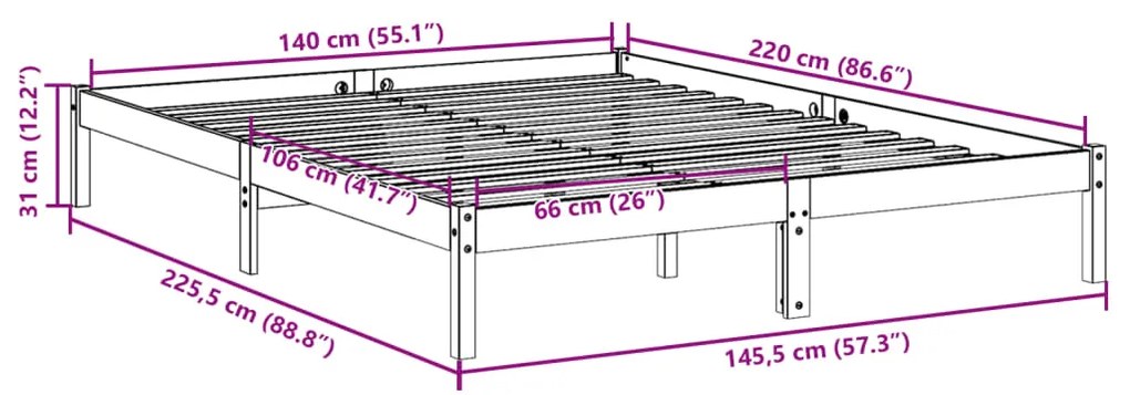 Cama extra longa sem colchão 140x220 cm madeira de pinho maciça