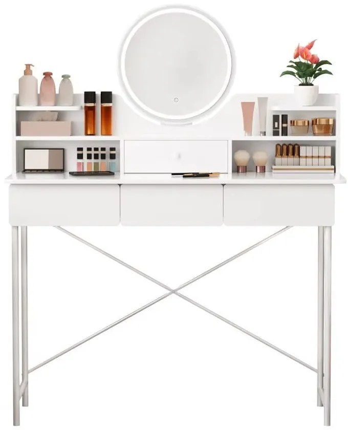 Toucador com Espelho e Luz LED – Cascais – 100x40x126 cm – 4 Gavetas +