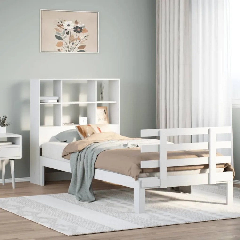 Cama com estante sem colchão 90x200 cm pinho maciço branco