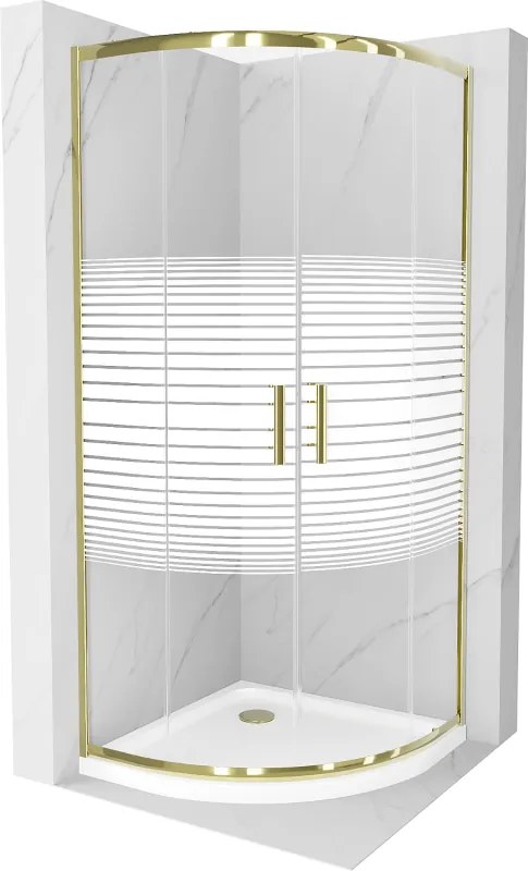 Mexen Rio cabina de duche semicircular 80 x 80 cm, faixas brancas, dourado + base Flat, branco - 863-080-080-50-20-4110G
