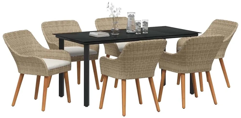 Conjunto de Jantar de Jardim 7 Peças Bege em Rattan e Poliéster