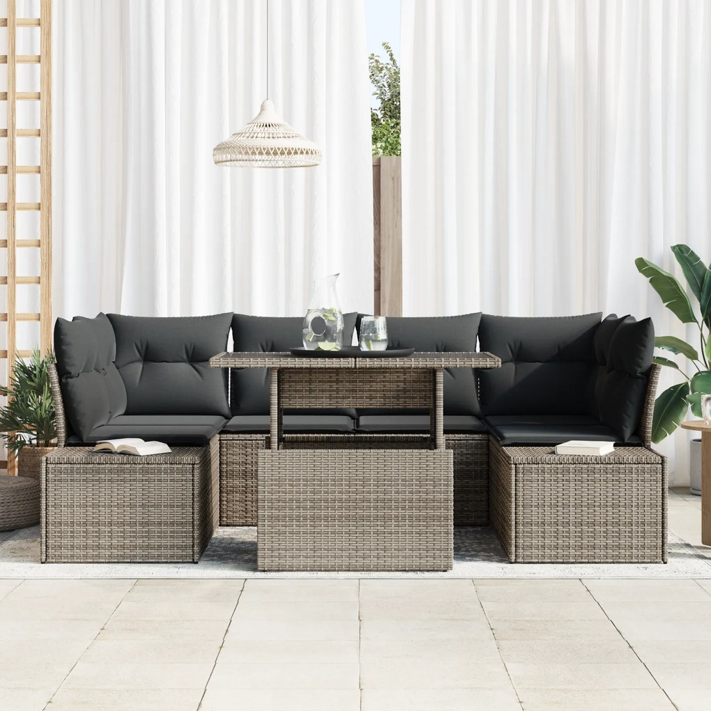 Conjunto de Sofás para Jardim com 7 Peças e Almofadas Cinzento em Ratt