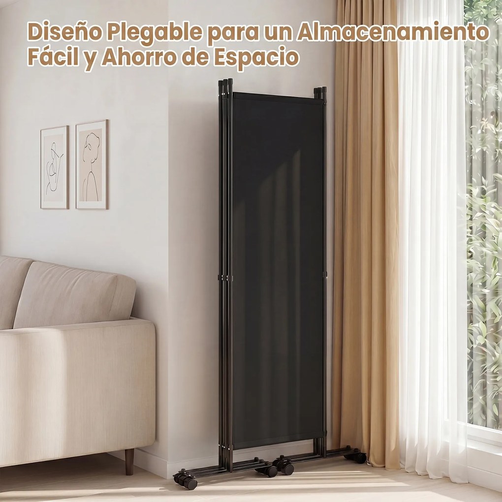 Biombo Separador de Espaço Dobrável, 221 x 35,5 x 173 cm, 4 Painéis com Rodas Bloqueáveis, Preto