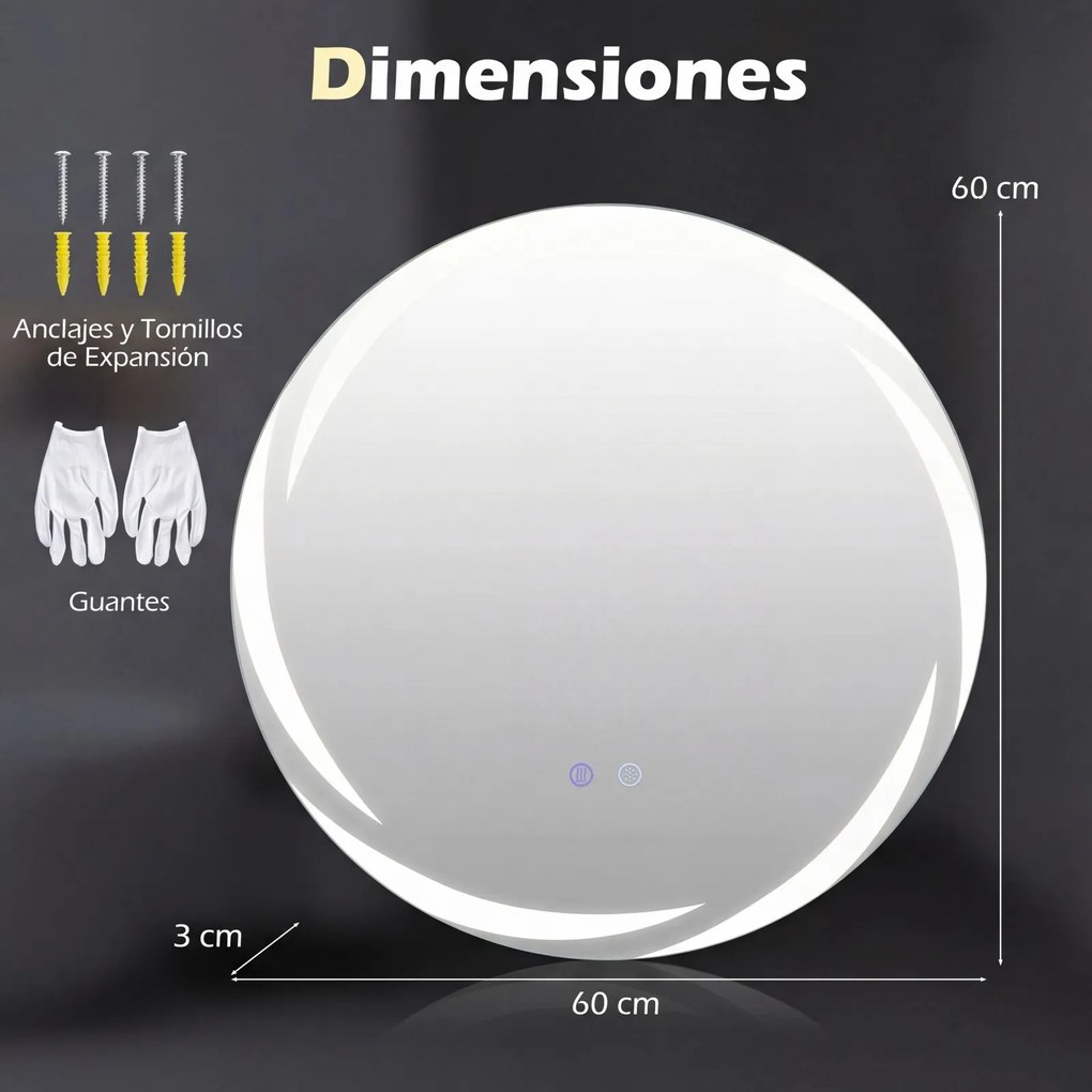 Espelho LED redondo de 60 cm para casa de banho, com luzes de 3 cores, antiembaciamento e luz traseira regulável, prateado