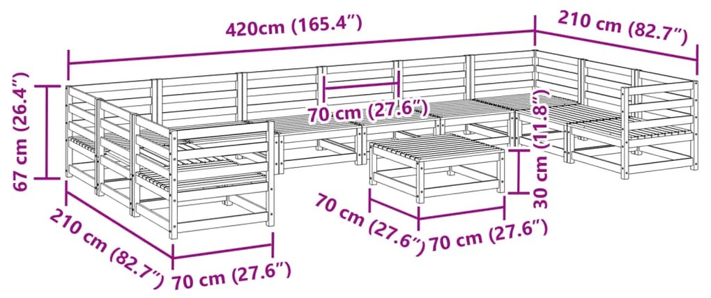 11 pcs conjunto sofás de jardim madeira de pinho castanho mel