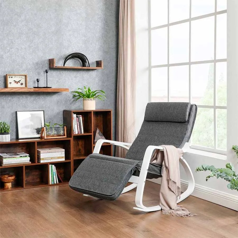 Cadeira de baloiço com apoio para os pés regulável em 5 direcções Cinzento escuro + branco