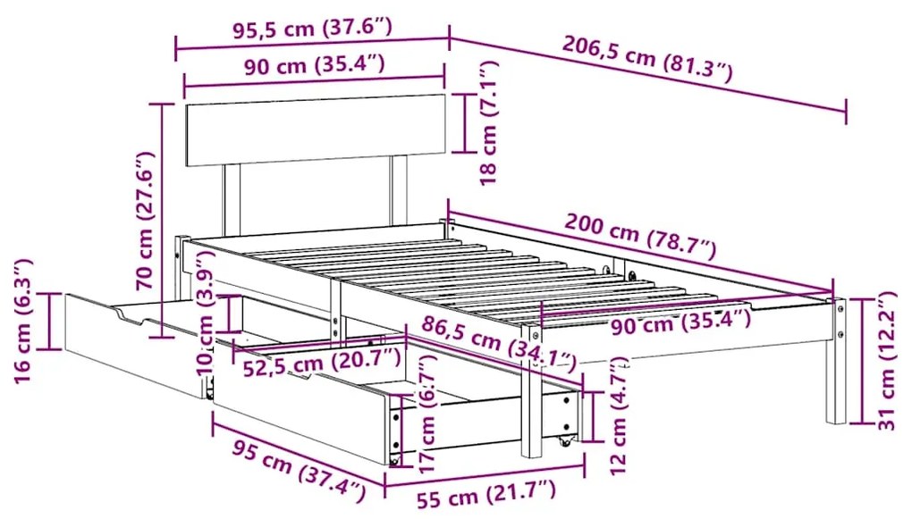 Cama sem colchão 90x200 cm madeira de pinho maciça branco