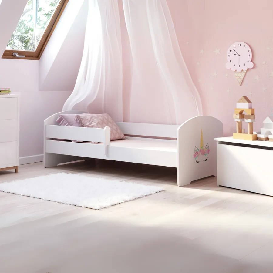 Cama infantil branca LUK 160x80 com grade - unicórnio - colchão e estrado incluído
