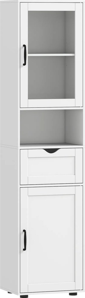 HOMCOM Coluna Casa de Banho com Porta de Vidro Prateleiras Ajustáveis Gaveta e Prateleira Aberta  40x30x165 cm Branco | Aosom Portugal