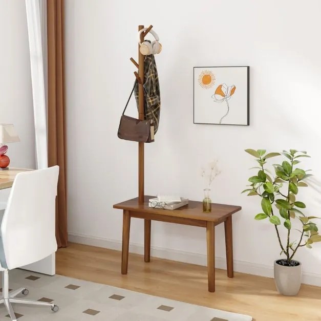 Cabide entrada com Mesa de apoio 2 em 1 de madeira maciça para quarto com sapateira e 3 cabides para casacos 76 x 43 x 168 cm Castanho