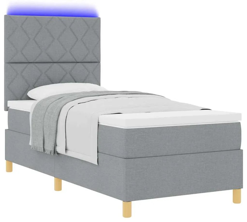 Cama Box com Colchão &amp; Luz LED Cinzento Claro 100x200 cm Tecido