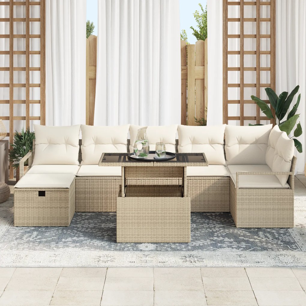 Conjunto de Sofá de Jardim de 8 Peças com Almofadas Bege Rattan Poliés