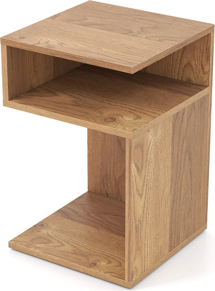 Mesa de cabeceira 33 x 33 x 50 cm em forma de S com 2 compartimentos abertos, castanho natural