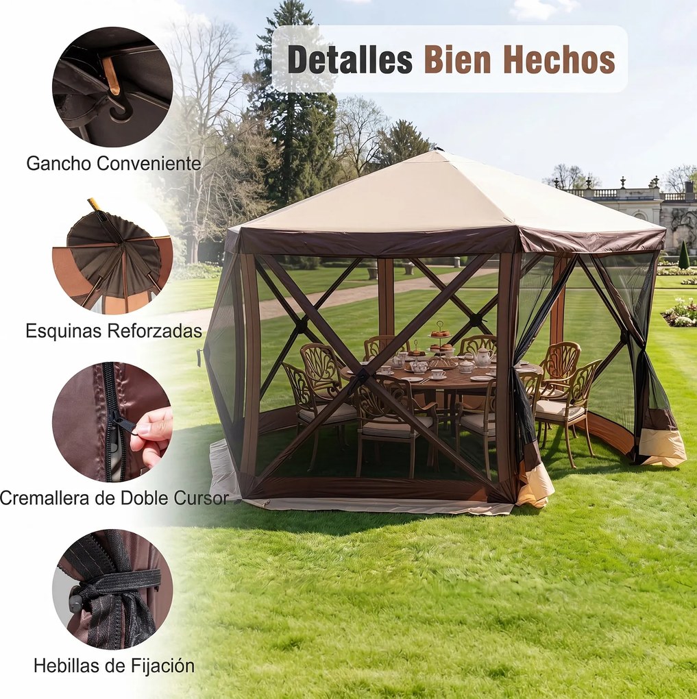 Tenda de Jardim Hexagonal, 355 x 300 x 230 cm, Montagem Rápida, Castanho