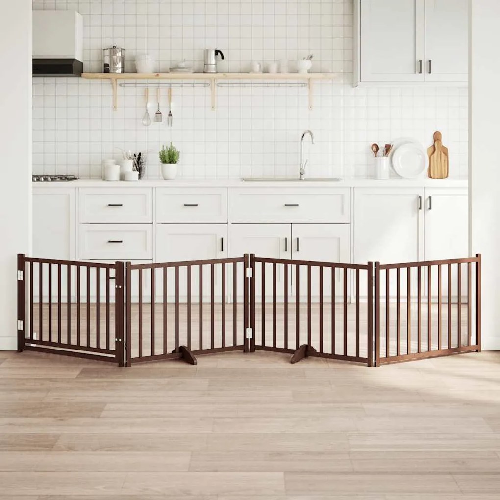 vidaXL Portão p/ cães c/ porta dobrável 4 painéis abeto carv. castanho