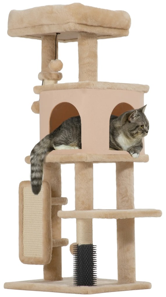 PawHut Arranhador para Gatos Grande Altura 104 cm com Plataformas Postes com Escova Bolas Suspensas e Almofadas para Arranhar Bege