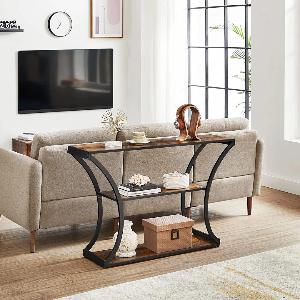 Mesa consola de estilo industrial 3 prateleiras 120 x 30 x 80 cm Castanho Vintage-preto