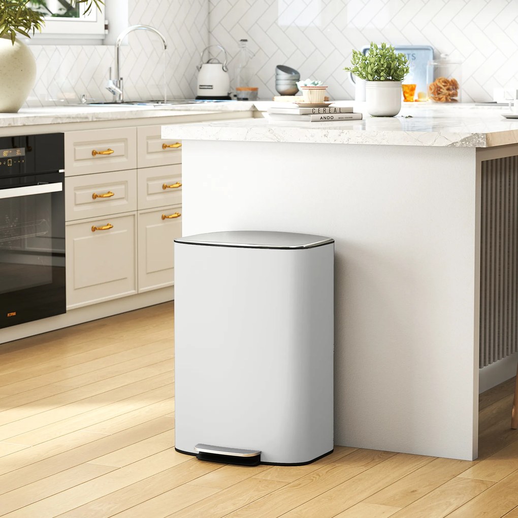 Caixote do lixo de cozinha de 50 L, com pedal, balde interior removível, tampa com fecho suave, 45,1 x 36,5 x 62,6 cm, branco creme