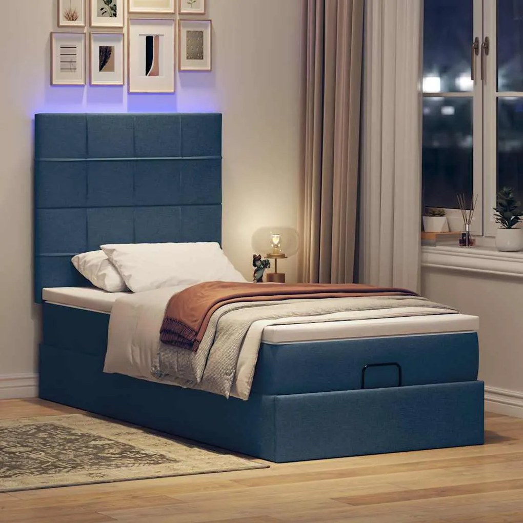 Cama Otomana com Colchão &amp; LEDs Tecido Azul 100x200 cm