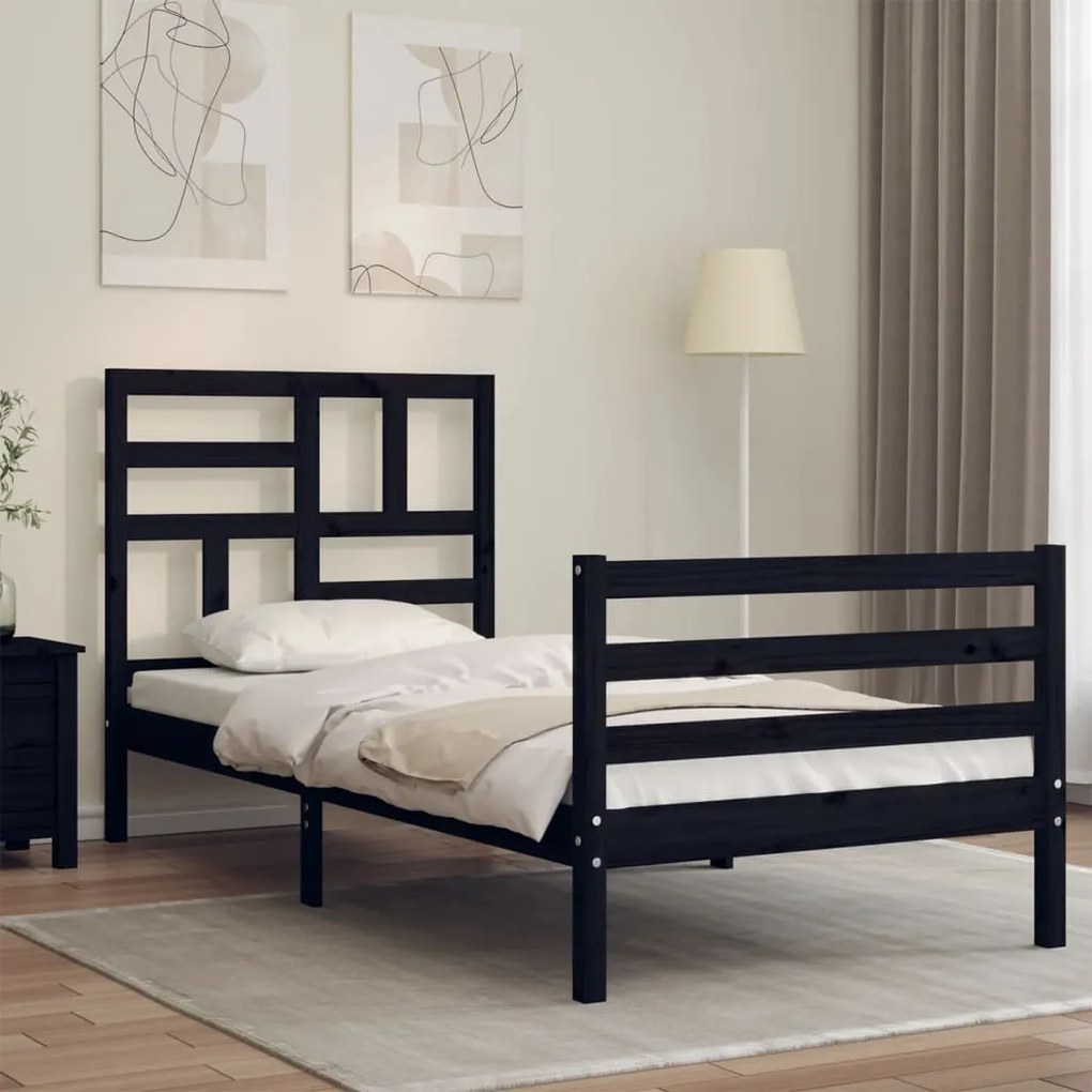 vidaXL Estrutura de cama com cabeceira 100x200 cm madeira maciça preto