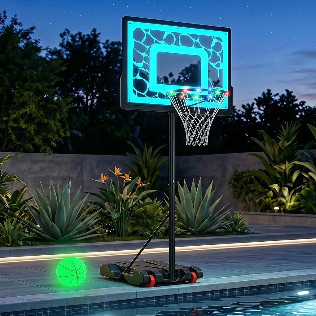 Cesto de Basquetebol para Piscina, 74,5 x 54 x 197 cm, 8 Alturas Ajustáveis, Preto